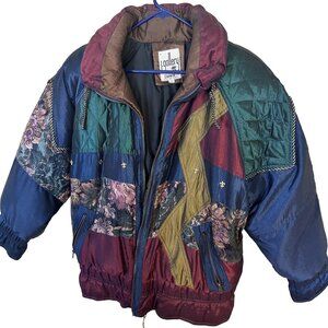 Vintage J Gallery Down Jacket Patchwork Quilted Multicolor Womens Puffer Coat S